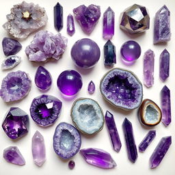 An array of Amethyst crystals in various sizes and shapes, displaying their quintessential purple hues and natural transparency