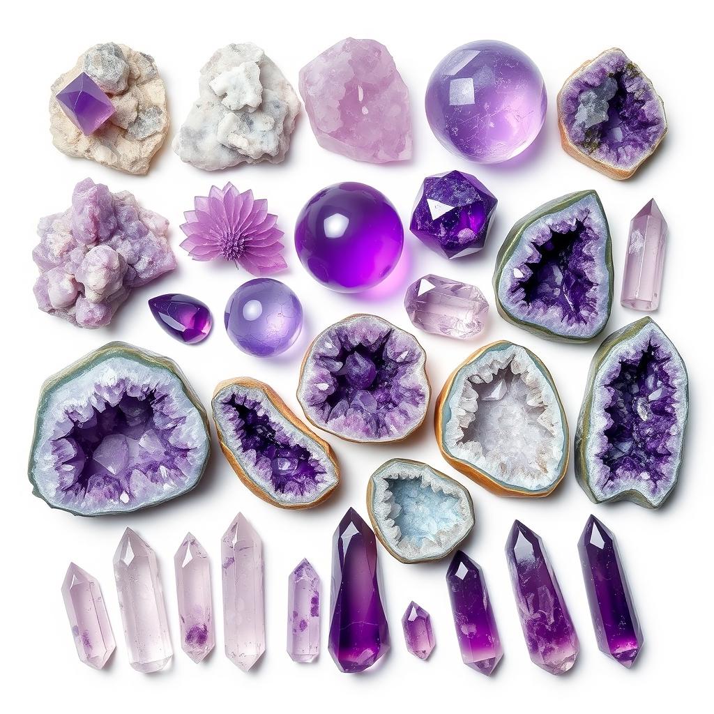 A diverse array of Amethyst crystals, each displaying its unique purple hues and natural transparency