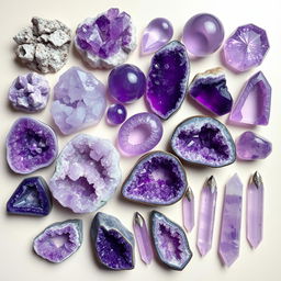 A diverse array of Amethyst crystals, each displaying its unique purple hues and natural transparency