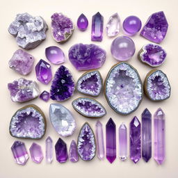 A diverse array of Amethyst crystals, each displaying its unique purple hues and natural transparency