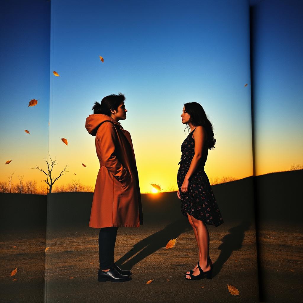 A book cover featuring two people facing each other, standing in a barren landscape at twilight