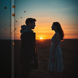 A book cover featuring two people facing each other, standing in a barren landscape at twilight