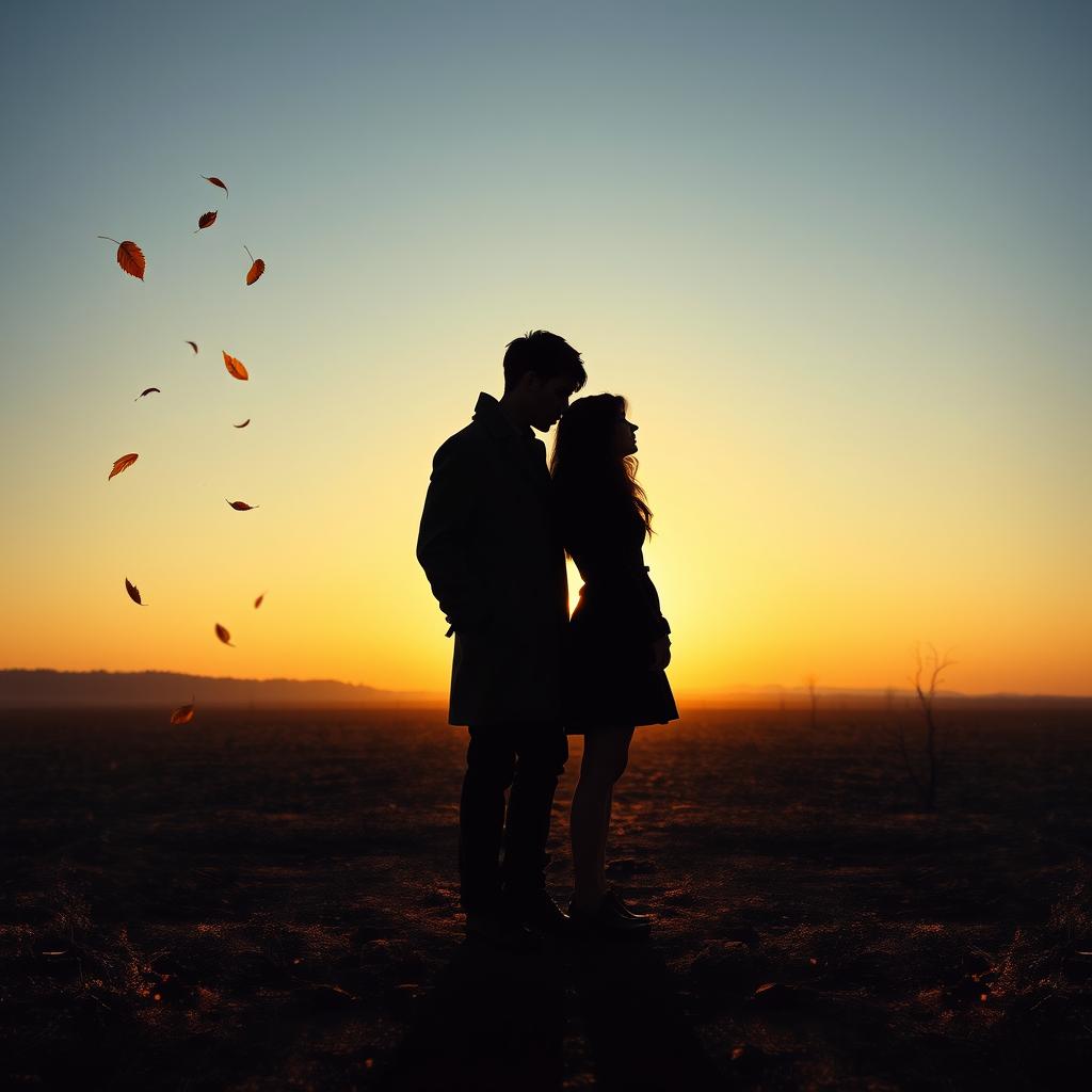 A book cover featuring two people facing each other, standing in a barren landscape at twilight