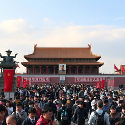 A bustling scene in Tiananmen Square, Beijing, showcasing the iconic Tiananmen Gate with its large portrait of Mao Zedong and the surrounding traditional Chinese architecture