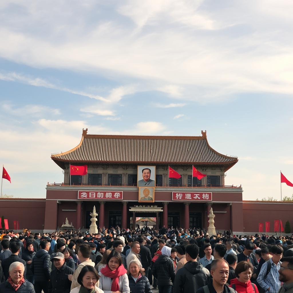 A bustling scene in Tiananmen Square, Beijing, showcasing the iconic Tiananmen Gate with its large portrait of Mao Zedong and the surrounding traditional Chinese architecture