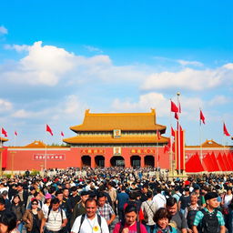 A bustling scene in Tiananmen Square, Beijing, showcasing the iconic Tiananmen Gate with its large portrait of Mao Zedong and the surrounding traditional Chinese architecture