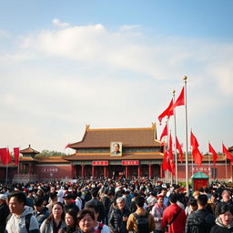 A bustling scene in Tiananmen Square, Beijing, showcasing the iconic Tiananmen Gate with its large portrait of Mao Zedong and the surrounding traditional Chinese architecture