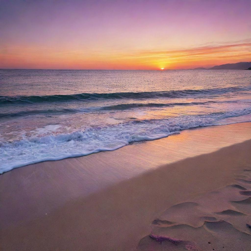 A stunning beach sunset, with the horizon set ablaze in vivid hues of orange, pink and purple, the gentle waves lapping up the shore and the glittering sand catching the last light