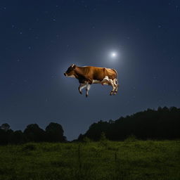 The playful cow is now leaping over a signaturely larger, incredibly radiant moon set against a backdrop of a starlit night sky.