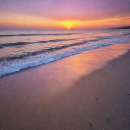 A stunning beach sunset, with the horizon set ablaze in vivid hues of orange, pink and purple, the gentle waves lapping up the shore and the glittering sand catching the last light