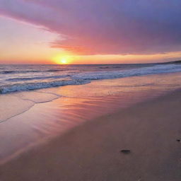 A stunning beach sunset, with the horizon set ablaze in vivid hues of orange, pink and purple, the gentle waves lapping up the shore and the glittering sand catching the last light