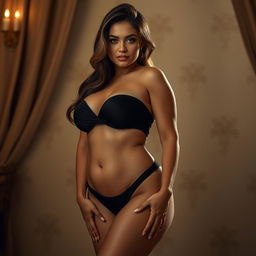 Sultry, luscious woman with an air of sensual elegance, her voluptuous figure portrayed with grace, surrounded by a softly lit, luxurious backdrop that highlights the natural curves