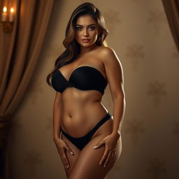 Sultry, luscious woman with an air of sensual elegance, her voluptuous figure portrayed with grace, surrounded by a softly lit, luxurious backdrop that highlights the natural curves