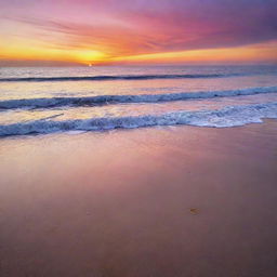 A stunning beach sunset, with the horizon set ablaze in vivid hues of orange, pink and purple, the gentle waves lapping up the shore and the glittering sand catching the last light