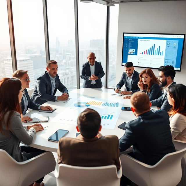 A dynamic and professional business meeting scene with executives gathered around a modern conference table, discussing strategic management