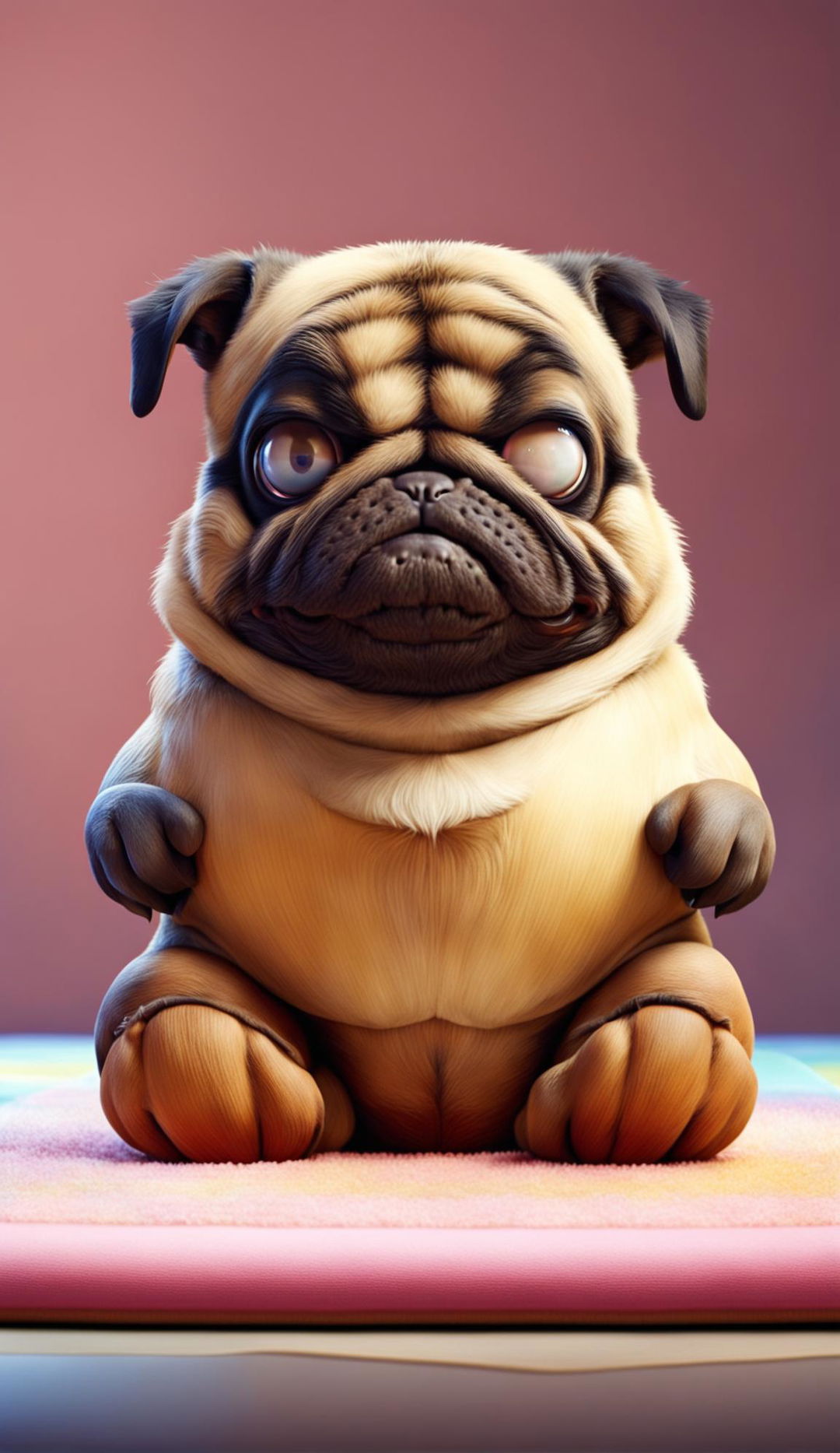 A grumpy Pixar-style pug with furrowed eyebrows and a perpetually unimpressed look sits on a plush rug against a pastel gradient background.