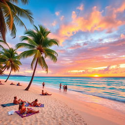 A vibrant, tropical scene on a pristine beach with swaying palm trees and crystal clear turquoise waters gently lapping against the shore