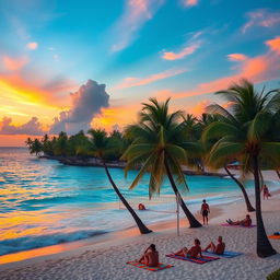 A vibrant, tropical scene on a pristine beach with swaying palm trees and crystal clear turquoise waters gently lapping against the shore