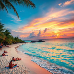 A vibrant, tropical scene on a pristine beach with swaying palm trees and crystal clear turquoise waters gently lapping against the shore