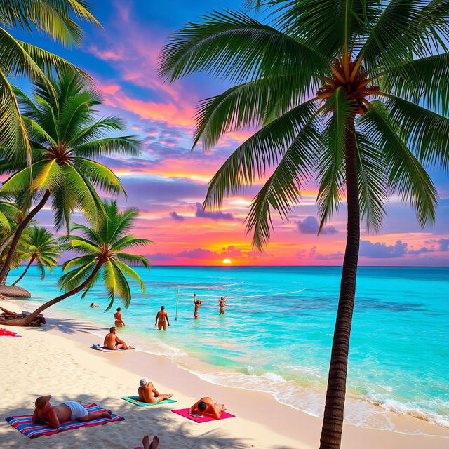 A vibrant, tropical scene on a pristine beach with swaying palm trees and crystal clear turquoise waters gently lapping against the shore