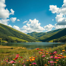 a beautiful and serene natural landscape with rolling hills covered in lush greenery, under a clear blue sky with fluffy white clouds scattered across it