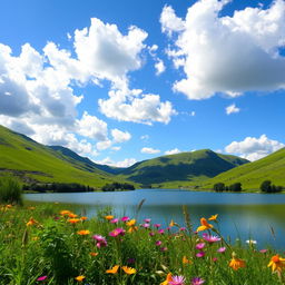 a beautiful and serene natural landscape with rolling hills covered in lush greenery, under a clear blue sky with fluffy white clouds scattered across it