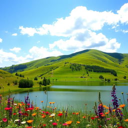 a beautiful and serene natural landscape with rolling hills covered in lush greenery, under a clear blue sky with fluffy white clouds scattered across it