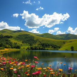 a beautiful and serene natural landscape with rolling hills covered in lush greenery, under a clear blue sky with fluffy white clouds scattered across it