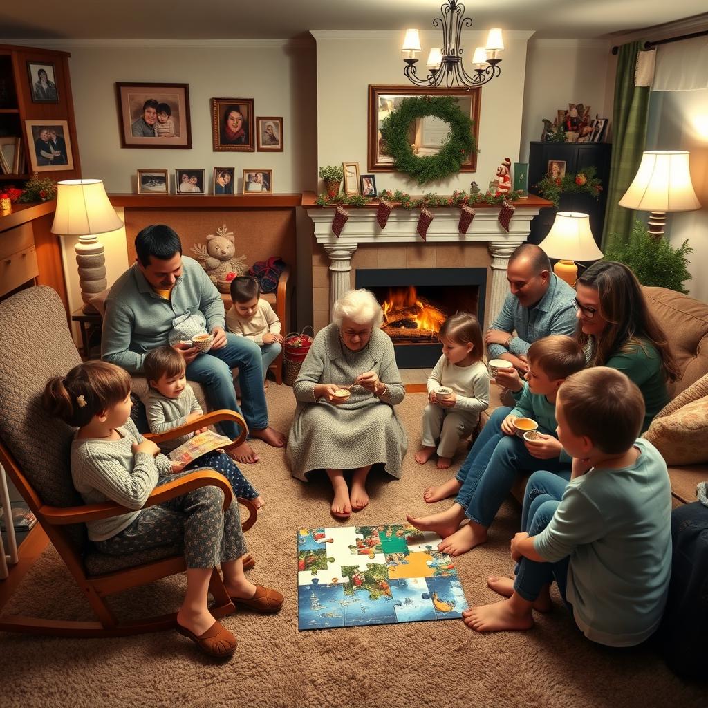 A heartwarming scene of a family gathering in a cozy living room