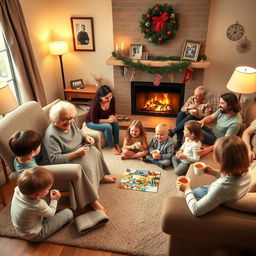 A heartwarming scene of a family gathering in a cozy living room