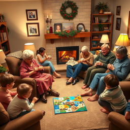 A heartwarming scene of a family gathering in a cozy living room