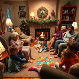 A heartwarming scene of a family gathering in a cozy living room