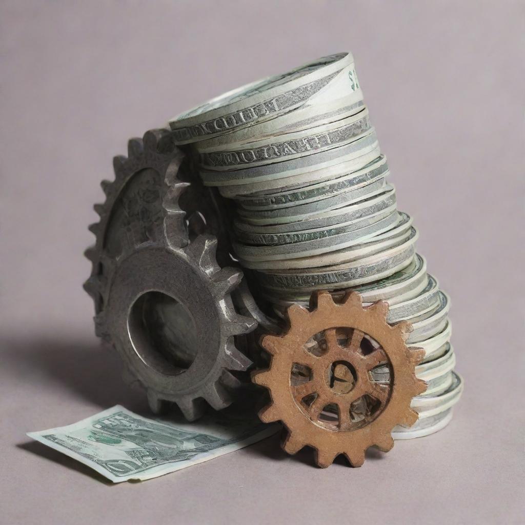 A stack of money where 30% remains and 70% is removed. Next to the money stack is a highly efficient gear symbolizing cost reduction and efficiency.