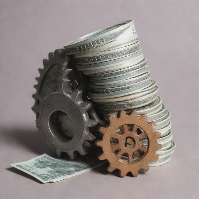 A stack of money where 30% remains and 70% is removed. Next to the money stack is a highly efficient gear symbolizing cost reduction and efficiency.