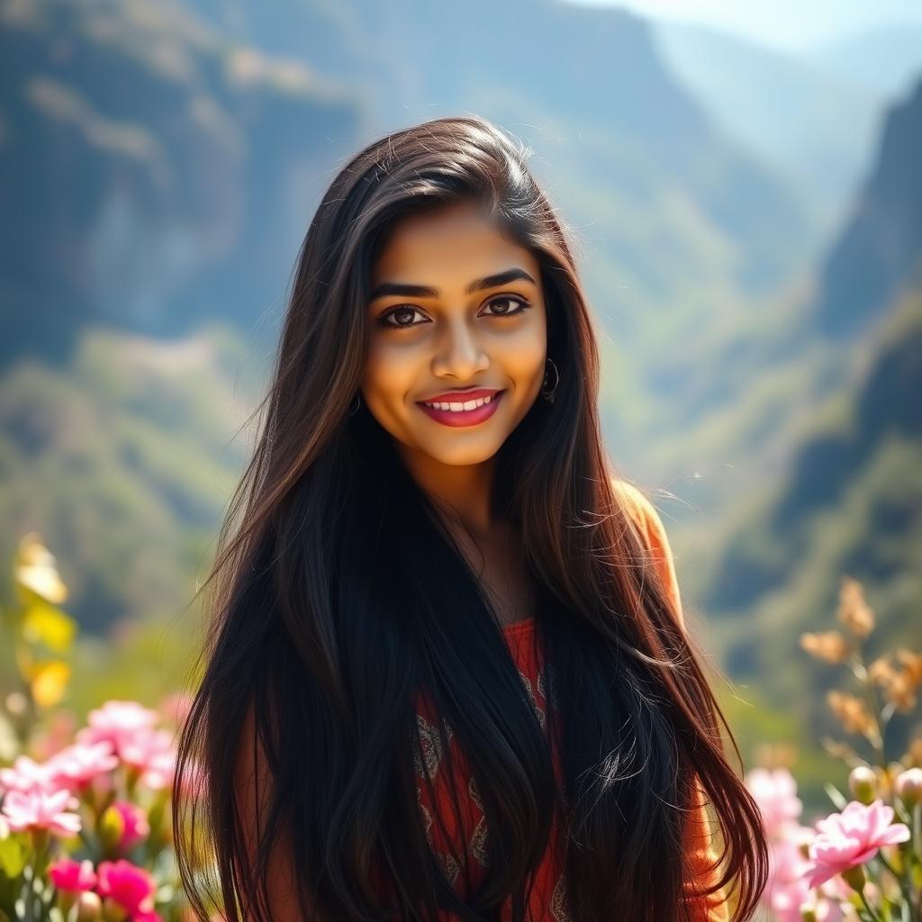 A beautiful Indian girl standing gracefully amidst a breathtaking natural backdrop