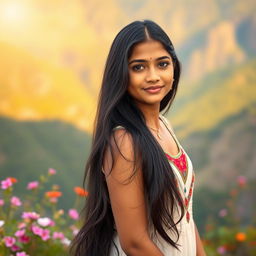 A beautiful Indian girl standing gracefully amidst a breathtaking natural backdrop