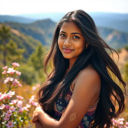 A beautiful Indian girl standing gracefully amidst a breathtaking natural backdrop