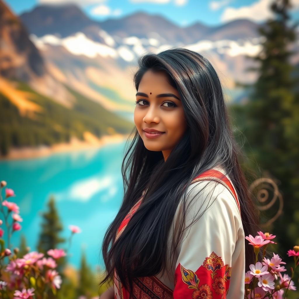 A beautiful Indian girl standing gracefully amidst a breathtaking natural backdrop