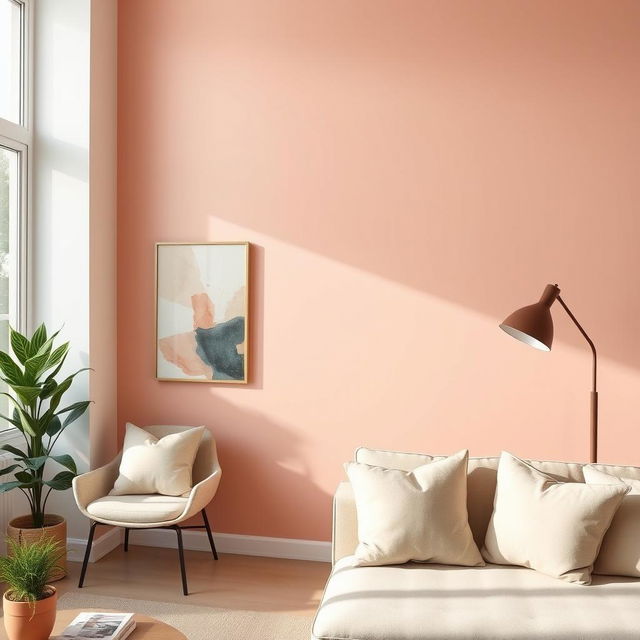 A living room wall painted in a warm and cozy shade of E8C2AC, a soothing pale pink with peach undertones