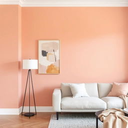 A living room wall painted in a warm and cozy shade of E8C2AC, a soothing pale pink with peach undertones