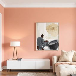 A living room wall painted in a warm and cozy shade of E8C2AC, a soothing pale pink with peach undertones