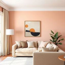 A living room wall painted in a warm and cozy shade of E8C2AC, a soothing pale pink with peach undertones