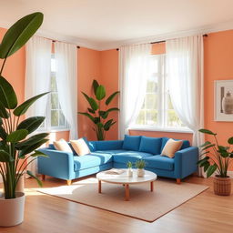 A beautiful living room featuring walls painted in a warm and soothing shade of E8C2AC, a pale pink with peach undertones