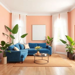 A beautiful living room featuring walls painted in a warm and soothing shade of E8C2AC, a pale pink with peach undertones