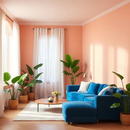 A beautiful living room featuring walls painted in a warm and soothing shade of E8C2AC, a pale pink with peach undertones