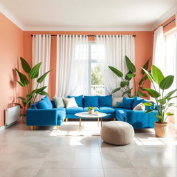 A beautiful living room featuring walls painted in a warm and soothing shade of E8C2AC, a pale pink with peach undertones