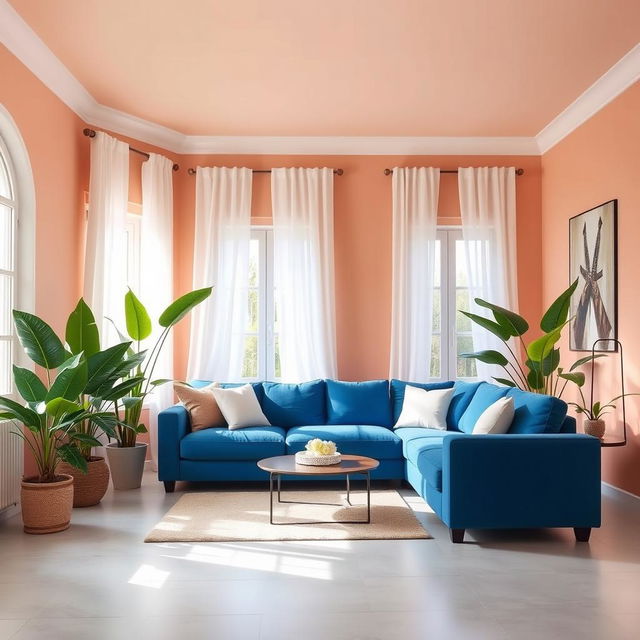 A beautiful living room featuring walls painted in a warm and soothing shade of E8C2AC, a pale pink with peach undertones