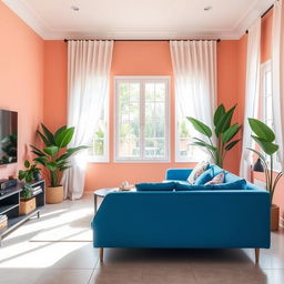 A beautiful living room featuring walls painted in a warm and soothing shade of E8C2AC, a pale pink with peach undertones