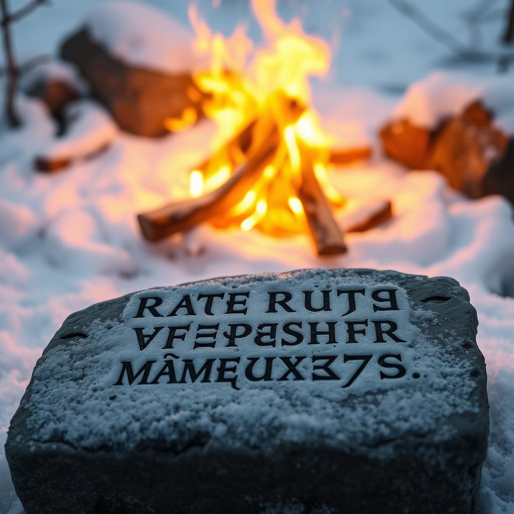 Norse runes intricately carved on a weathered stone slab, with an enchanting fire blazing brightly in the background