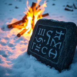 Norse runes intricately carved on a weathered stone slab, with an enchanting fire blazing brightly in the background